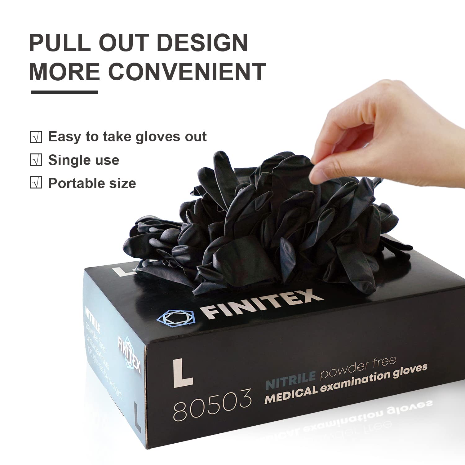 FINITEX - Black Nitrile Disposable Gloves, 5mil, Powder-free, Medical Exam Gloves Latex-Free 100 PCS For Cleaning Food (Large)