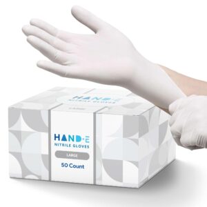 Hand-E Touch White Nitrile Disposable Gloves Large, 50 Count - Food Prep, Salon, Hair Dye, Esthetician, Kitchen Gloves - Powder and Latex Free Rubber Gloves