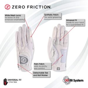 Zero Friction Ladies Compression-Fit Synthetic Golf Glove (2 Pack with free pack of tees), Universal Fit One Size, White/Pink