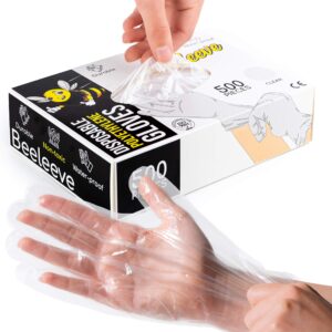 beeleeve [500-box disposable plastic poly gloves - one size fits most - color variants - single-use hand covers for food safe handling, preparation, kitchen, cooking, waterproof, bulk (a - clear)