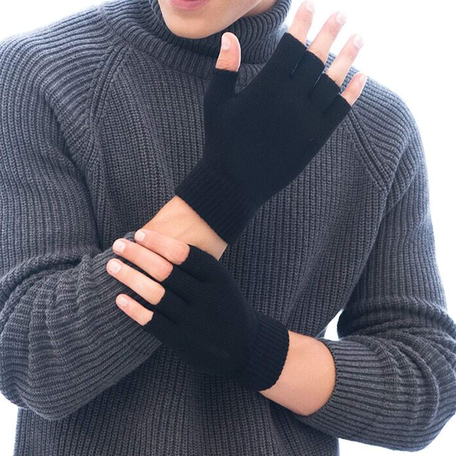 2 Pair Half Finger Gloves Winter Knit Touchscreen Warm Stretchy Mittens Fingerless Gloves in Common Size for Men and Women,black