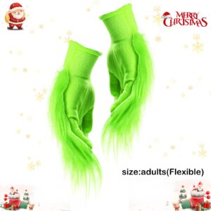 2pcs Christmas Green Furry Hand Gloves Adult for Halloween Role Playing Green Monster Costume Accessories, Full Finger Short Bright Fur Furry Gloves Christmas Dressing Props