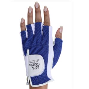 Lady Classic Cabretta Womens Solar Half 1/2 Finger Golf Glove - Left Hand, Royal Blue & White, Large (CLH03WTRB)