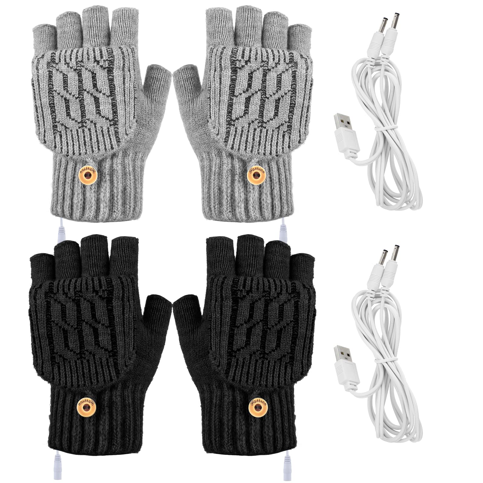 2 Pairs USB Heated Gloves Fingerless USB Hand Warmers Electric Hand Warmer Hand Warming Gloves with Button Heated Mittens (Navy, Gray,Delicate Style)