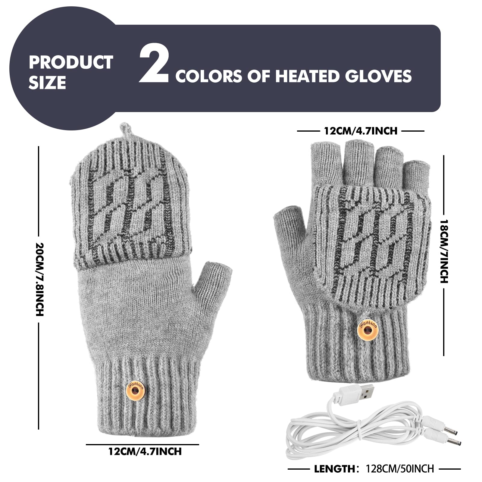 2 Pairs USB Heated Gloves Fingerless USB Hand Warmers Electric Hand Warmer Hand Warming Gloves with Button Heated Mittens (Navy, Gray,Delicate Style)