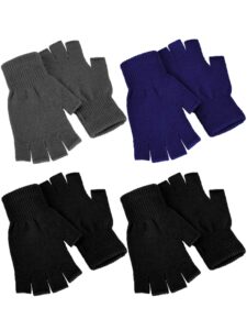 satinior 4 pairs winter half finger gloves knitted fingerless mittens warm stretchy gloves for men and women (black, grey, blue)