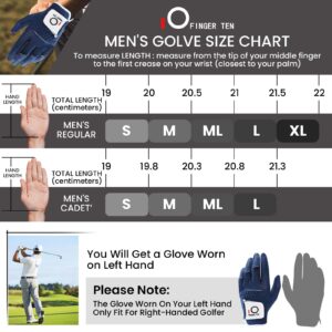 FINGER TEN Golf Gloves Men Left Hand Rain Grip Glove for Right Handed Golfer Value 3 Pack, All Weather Durable Grip Size Small Medium Large XL White Black Blue (Navy, Medium/Large, Left)