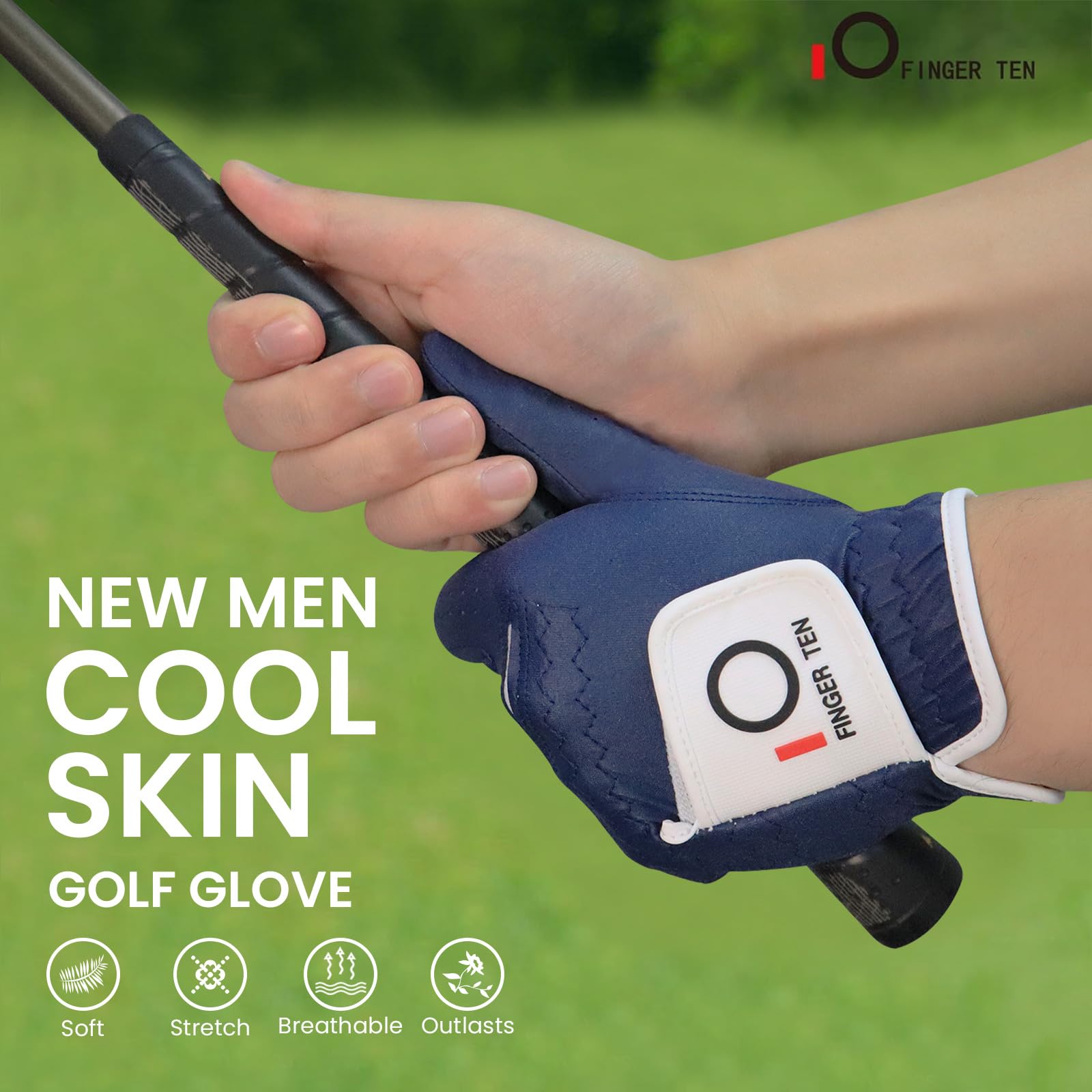 FINGER TEN Golf Gloves Men Left Hand Rain Grip Glove for Right Handed Golfer Value 3 Pack, All Weather Durable Grip Size Small Medium Large XL White Black Blue (Navy, Medium/Large, Left)