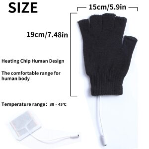 2 Pairs USB Heated Gloves for Men and Women, USB 2.0 Powered Stripes Heating Pattern Knitting Wool Heating Mittens Hands Warmer Fingerless Washable Design Winter Gift (Black & Gray)