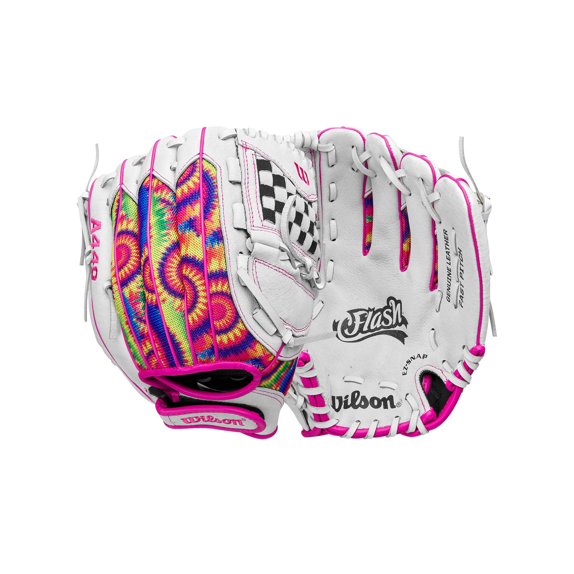 Wilson 2024 A440™ Flash™ 11.5” Youth Infield Fastpitch Softball Glove - Left Hand Throw, White/Pink/Tie Dye