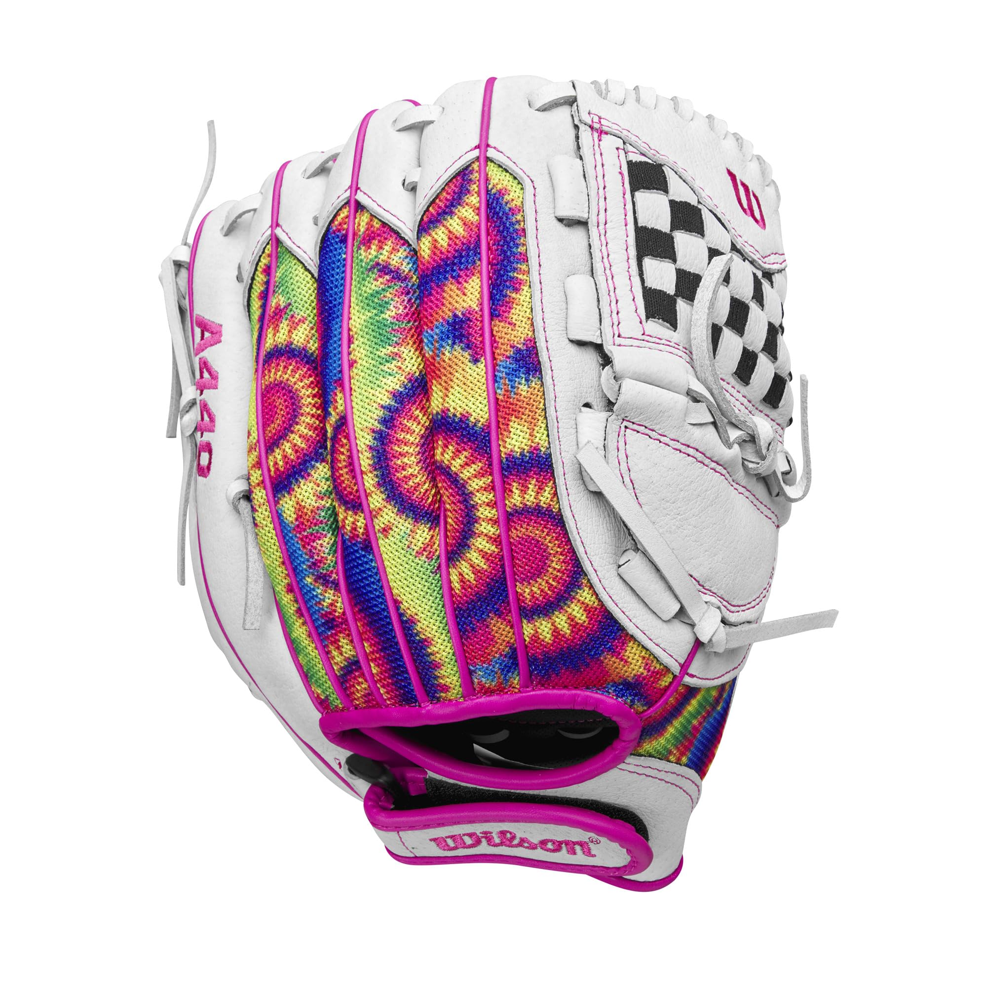 Wilson 2024 A440™ Flash™ 11.5” Youth Infield Fastpitch Softball Glove - Left Hand Throw, White/Pink/Tie Dye