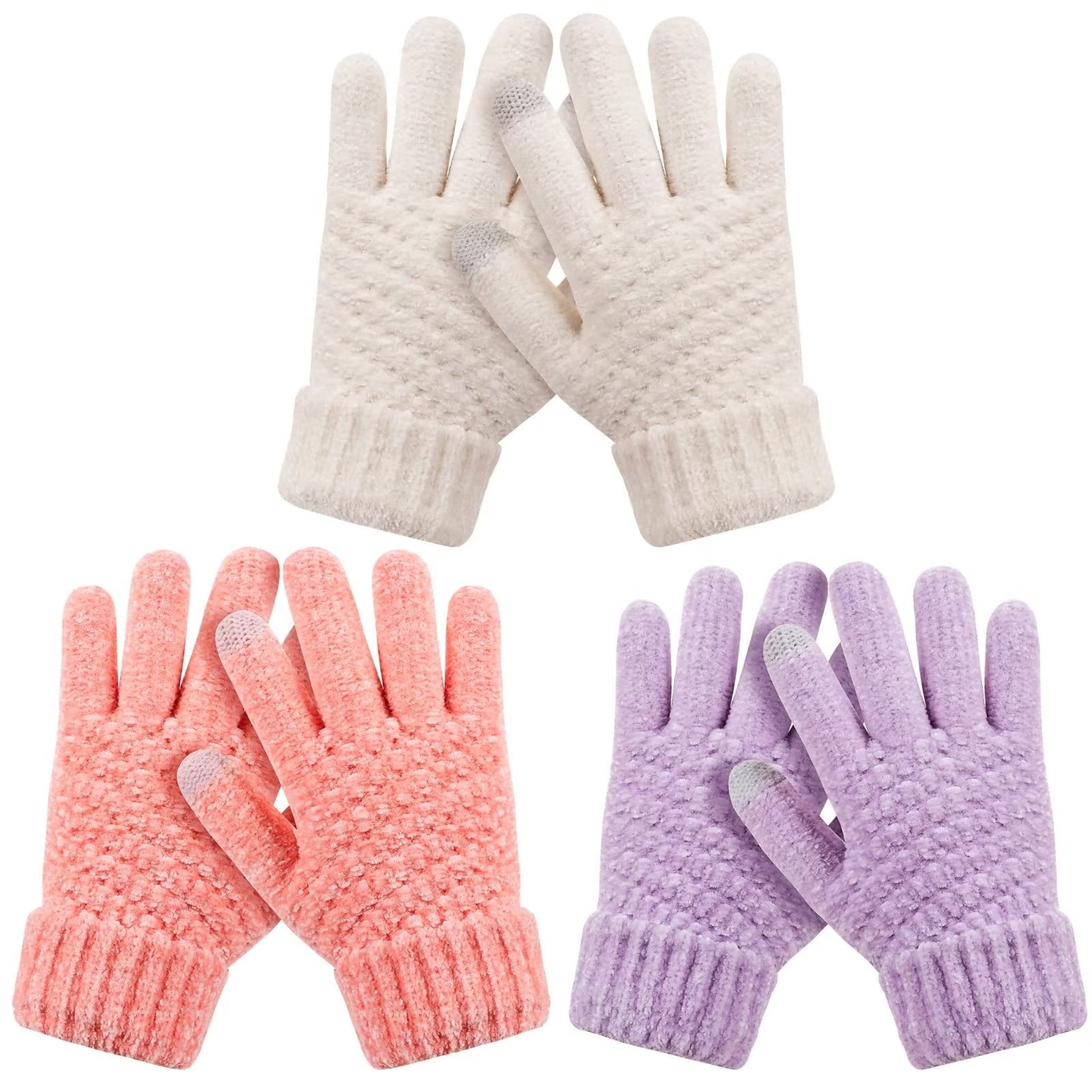 HAITHO Kids Winter Gloves 3 Pairs, Chenille Knit Gloves for Cold weather, Children Warm Fleece Lined Touchscreen Gloves, Thermal Toddler Gloves for Teen Girls Boys 3-8 Years