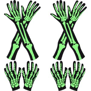 jovitec 4 pairs skeleton gloves halloween costume skull gloves gothic bone gloves for costume cosplay accessories (glow)