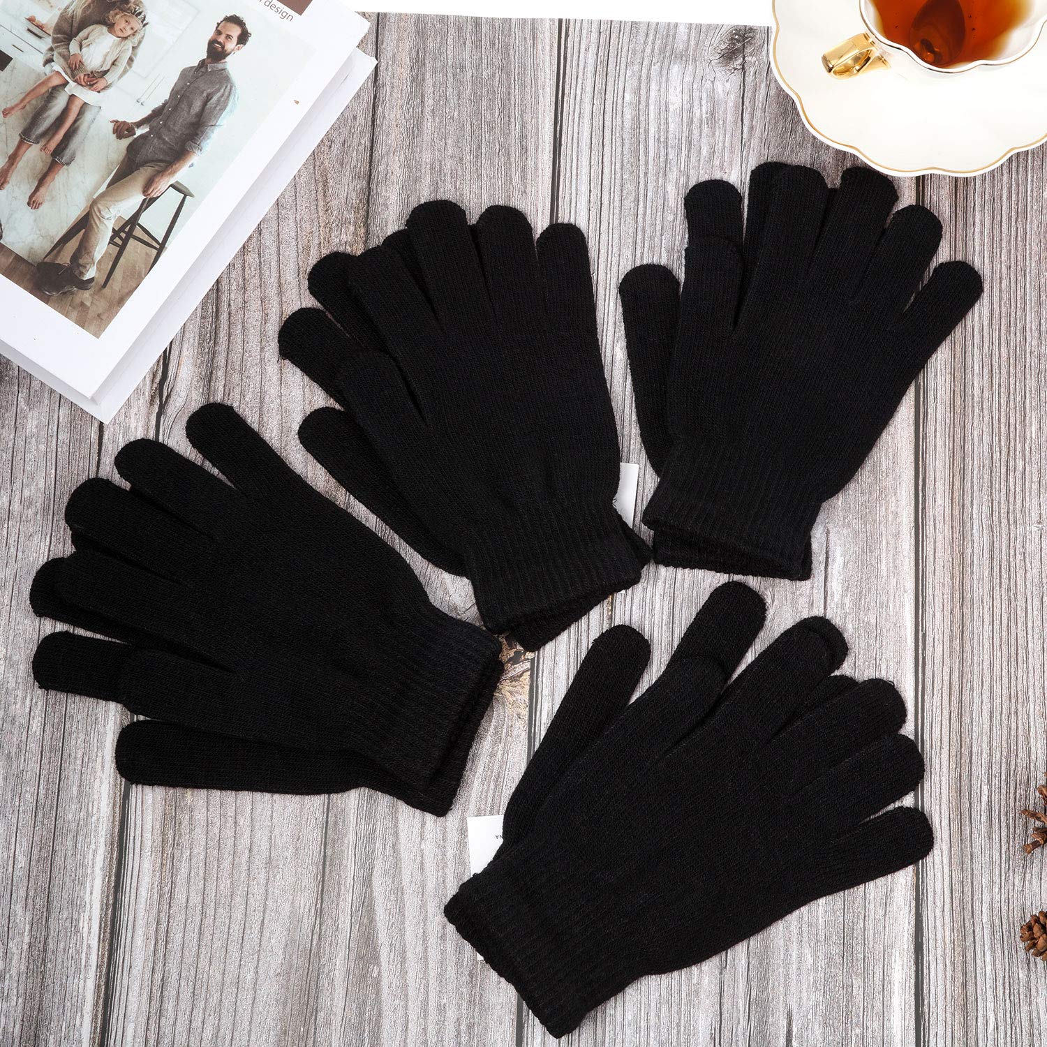 SATINIOR Magic Winter Gloves Unisex Gloves Knit Stretchy Mitten Full Fingers Warm Gloves for Men Women Sports (Black,4 Pairs)