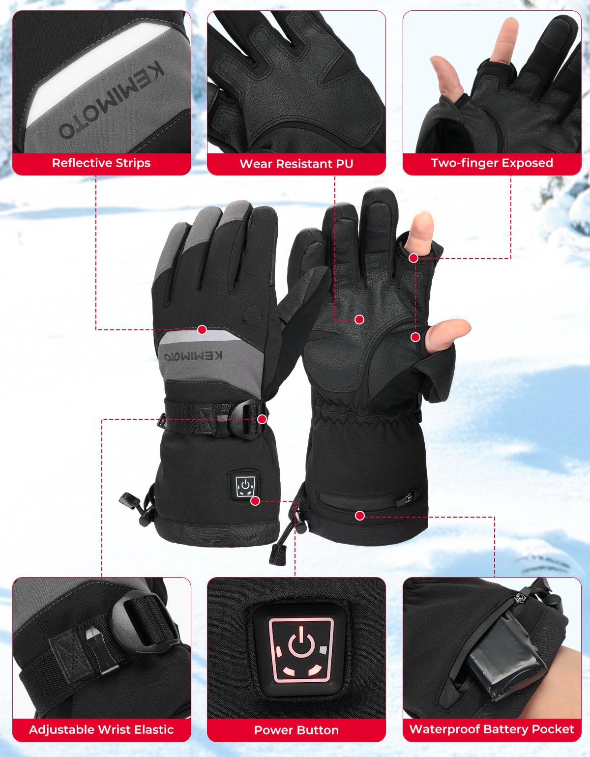 KEMIMOTO Heated Gloves for Men Women, Heating Ice Fishing Gloves Rechargeable Electric Battery 2pcs 7.4V for Winter Motorcycle Skiing Snowboarding Hunting Camping, Size XL