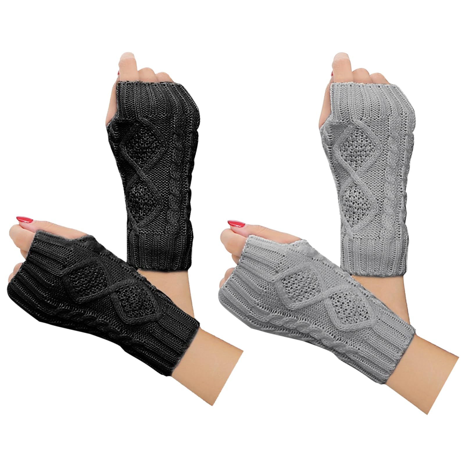 Justay 2 Pairs Women Winter Warm Knit Fingerless Gloves Hand Crochet Thumbhole Arm Warmers Mittens