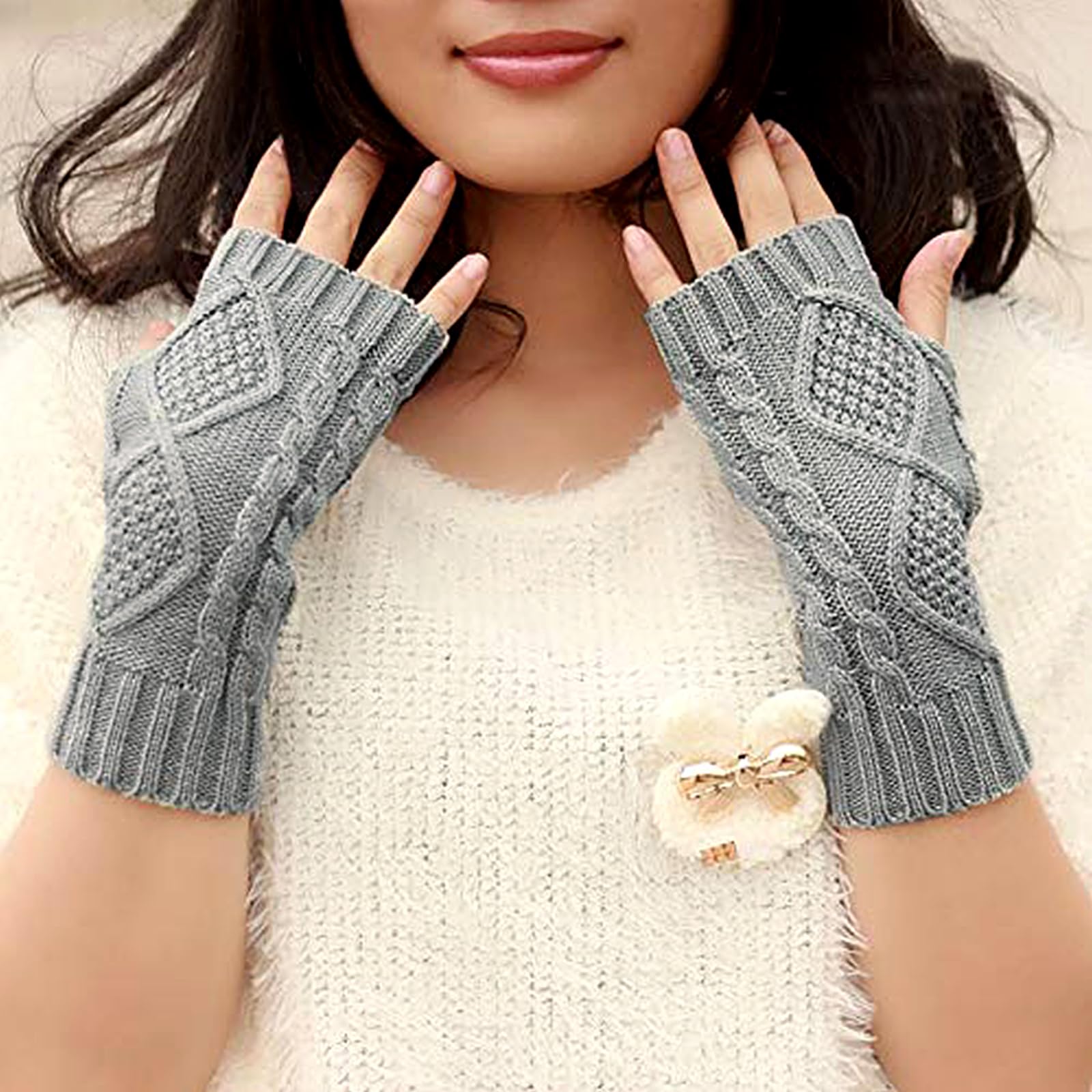 Justay 2 Pairs Women Winter Warm Knit Fingerless Gloves Hand Crochet Thumbhole Arm Warmers Mittens