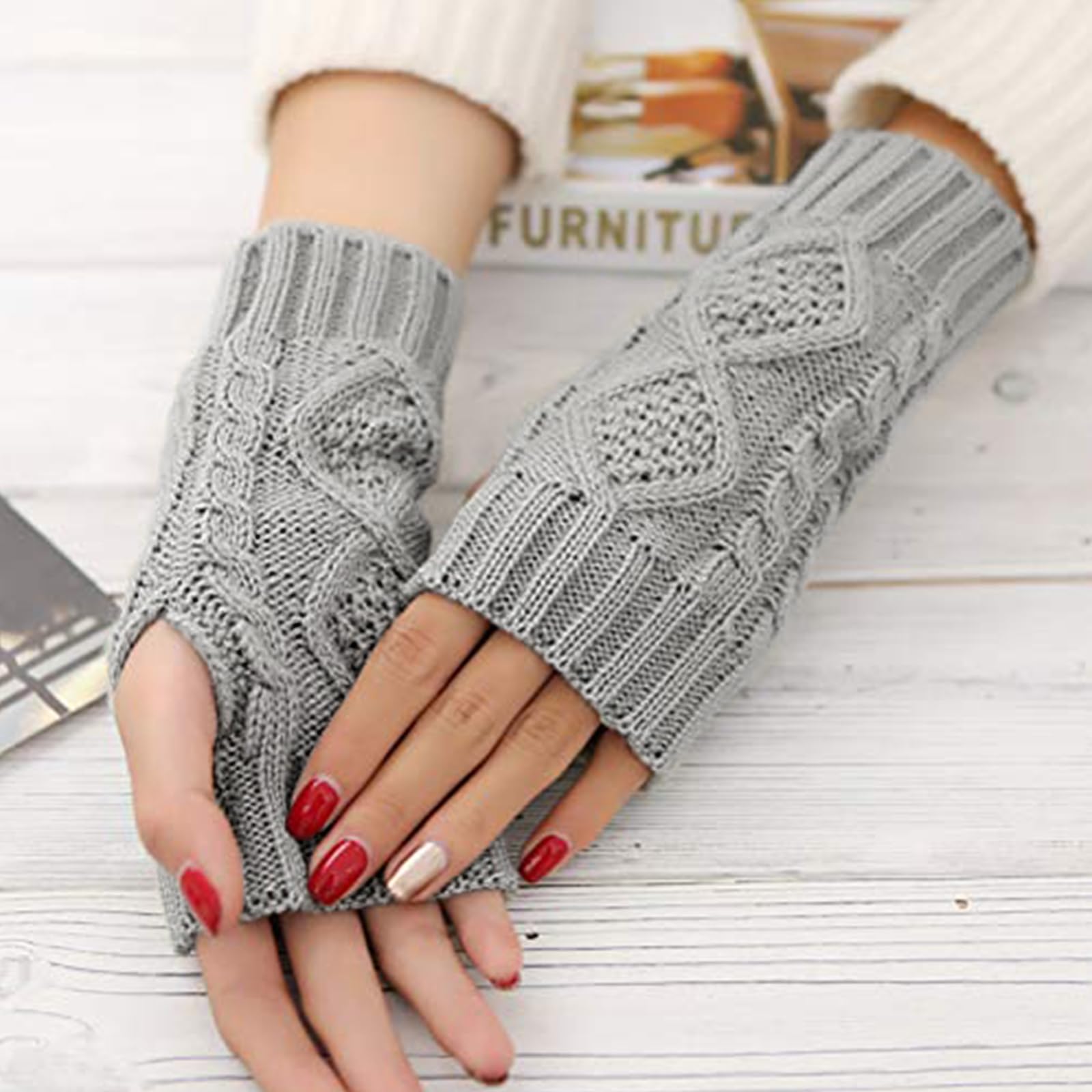 Justay 2 Pairs Women Winter Warm Knit Fingerless Gloves Hand Crochet Thumbhole Arm Warmers Mittens