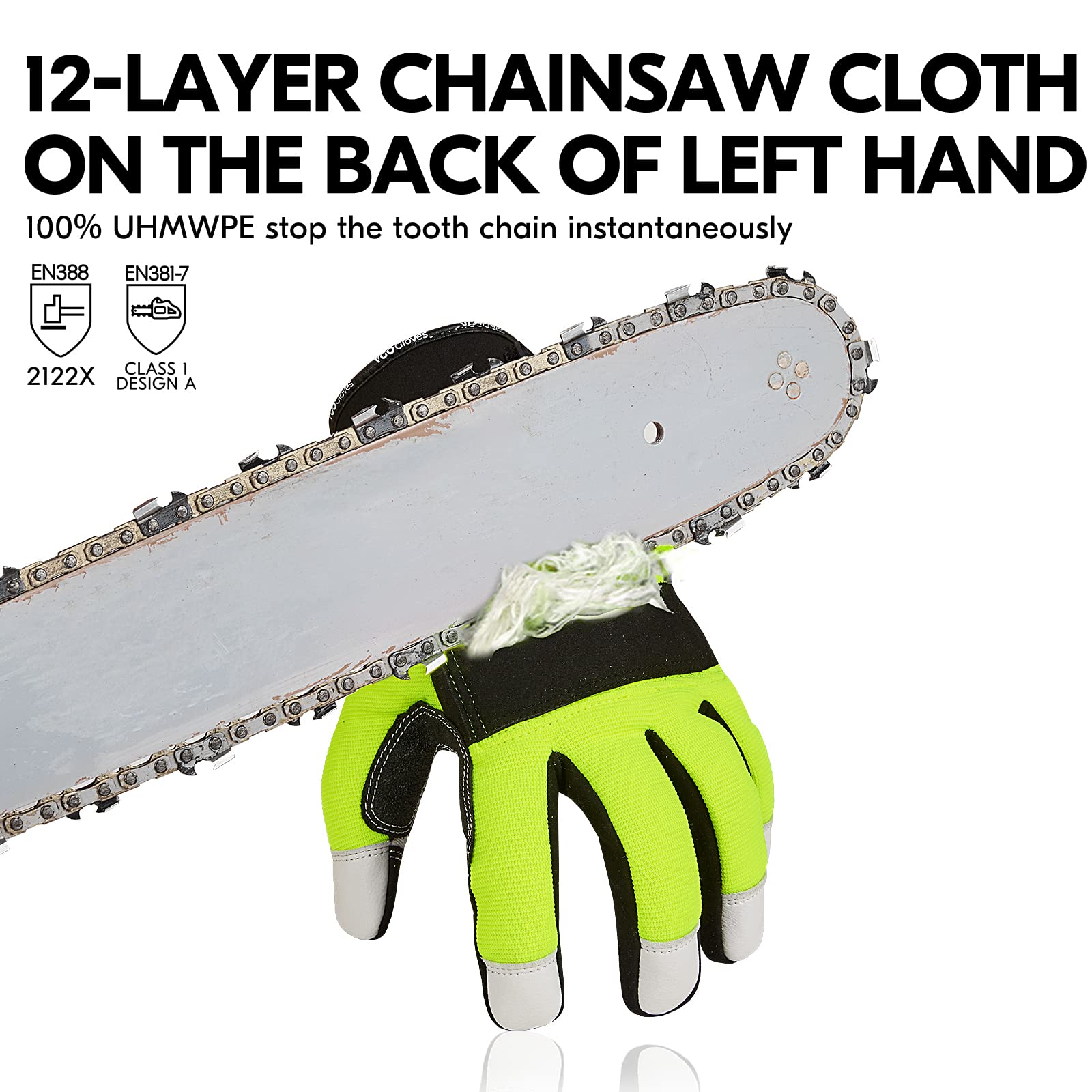 Vgo... 1Pair Chainsaw Gloves, 12-Layer Chainsaw Protection on Left Hand Back, Safety leather Work Gloves, Mechanic Gloves (S,Green, GA8912)