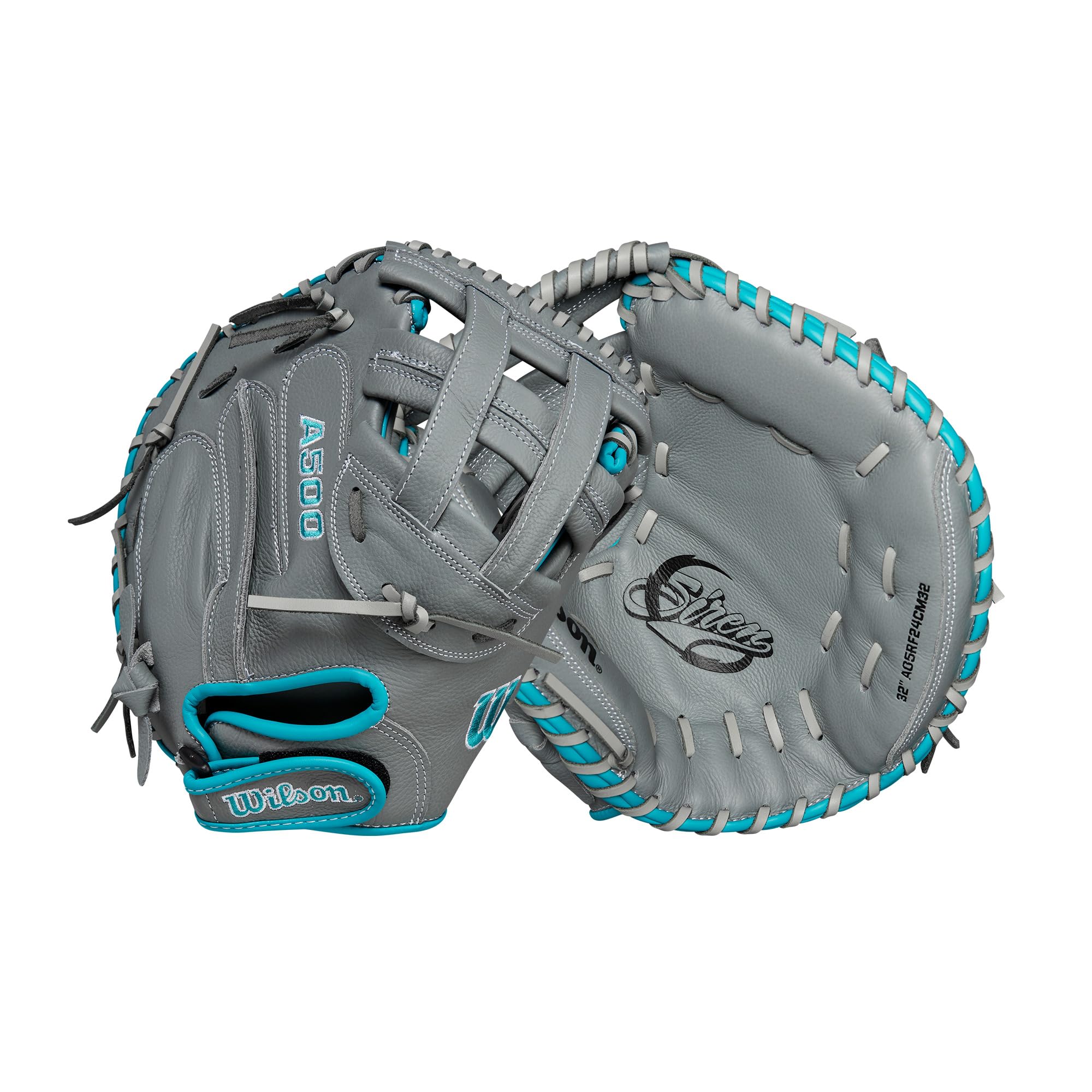 Wilson 2024 A500™ Siren™ 32” Youth Fastpitch Softball Catcher’s Mitt - Right Hand Throw, Grey/Teal/White