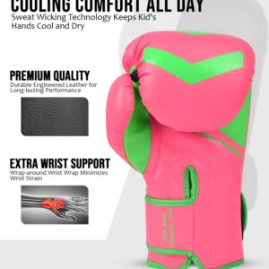 Exxact Sports Knockout Youth Boxing Gloves for Kids (3-15 Years) with Padded Protection and Wrist Support, Durable Engineered Leather Kids Boxing Gloves for Sparring (Pink/Green, 4 OZ)