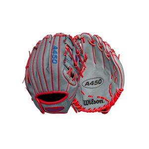 wilson 2024 a450™ 10.75” youth infield baseball glove - right hand throw, grey/red/royal