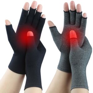 2 Pairs Fingerless Arthritis Compression Gloves for Women Men, Hand Glove Support and Warmth, Relieve Pain from Carpal Tunnel, Rheumatoid, Osteoarthritis, RSI, Typing (Large, Pure Black1+Grey1)