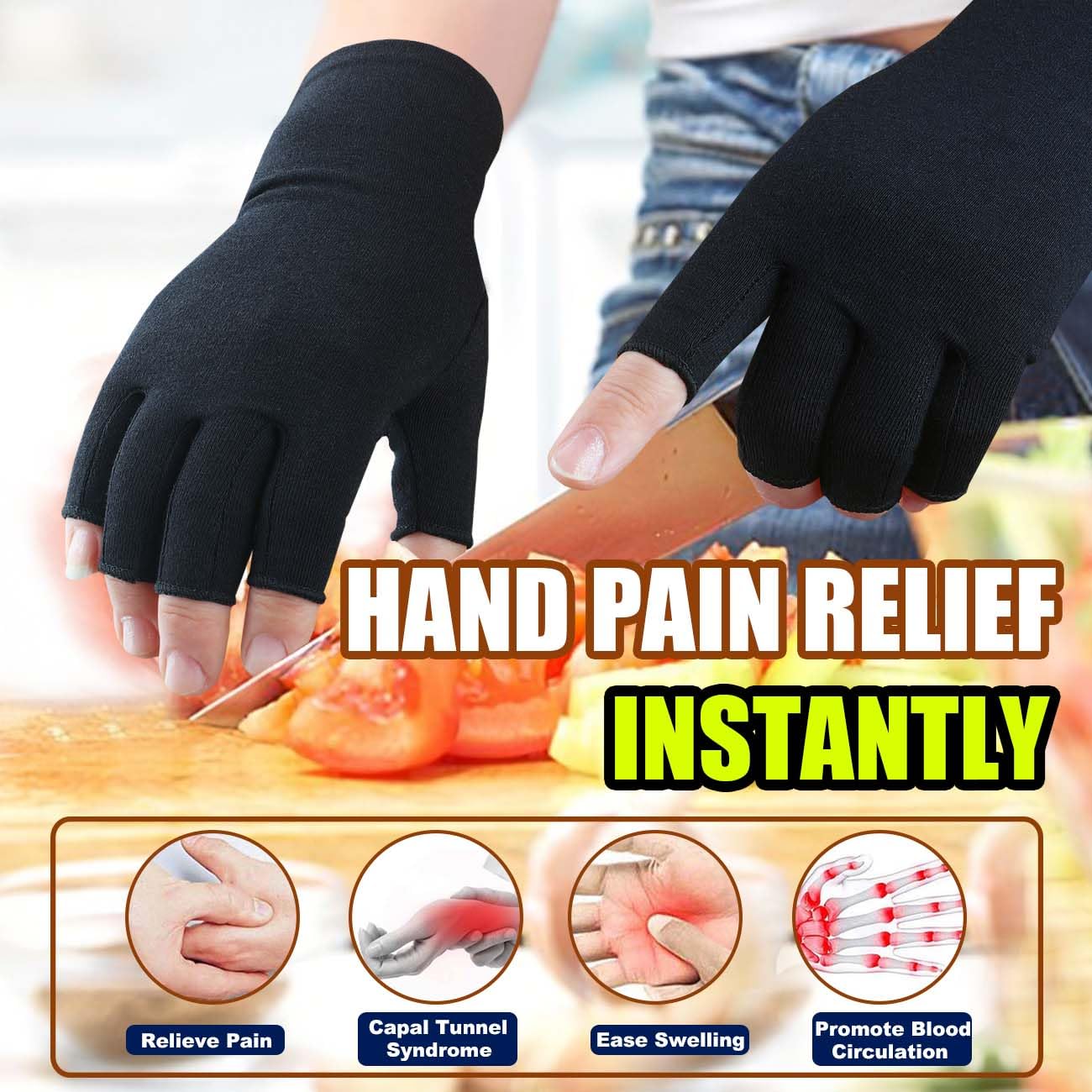 2 Pairs Fingerless Arthritis Compression Gloves for Women Men, Hand Glove Support and Warmth, Relieve Pain from Carpal Tunnel, Rheumatoid, Osteoarthritis, RSI, Typing (Large, Pure Black1+Grey1)