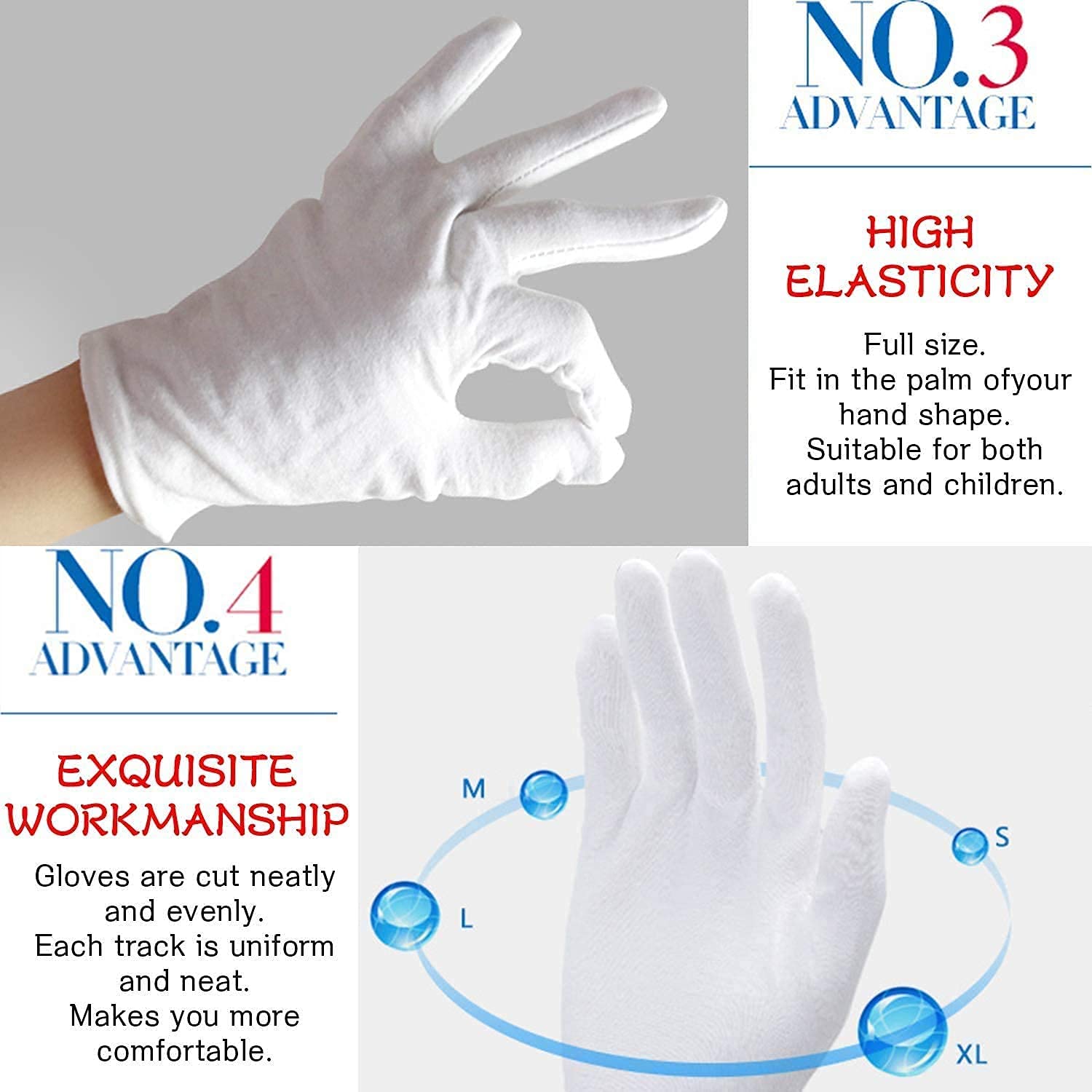 24pcs Soft White Cotton Gloves Cotton Sleep Gloves Moisturizing Eczema Cotton Gloves for Dry Hands Coin Jewelry Silver Archival Costume Inspection Gloves (XL)