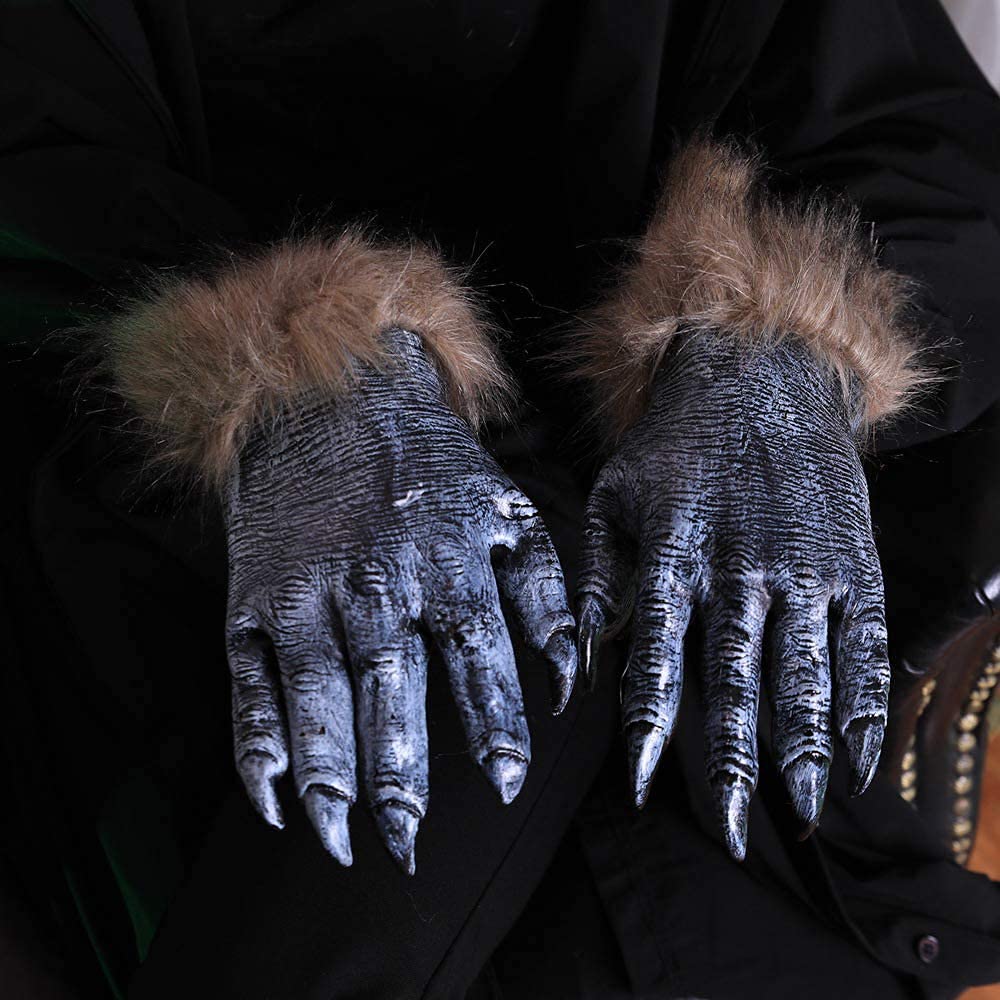 Syjinghao Halloween Werewolf Hands Claws Werewolf G-loves,Latex Wolf G-loves Scary Hairy Hands Werewolf Paw Party Costumes Props (Large)