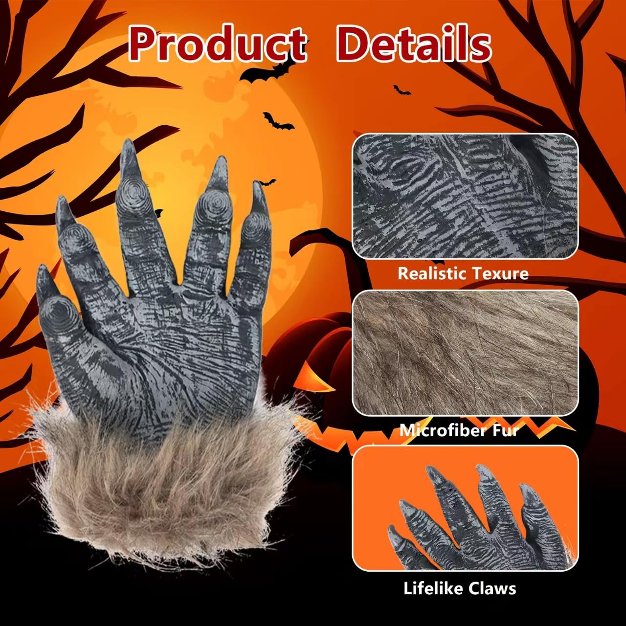 Syjinghao Halloween Werewolf Hands Claws Werewolf G-loves,Latex Wolf G-loves Scary Hairy Hands Werewolf Paw Party Costumes Props (Large)