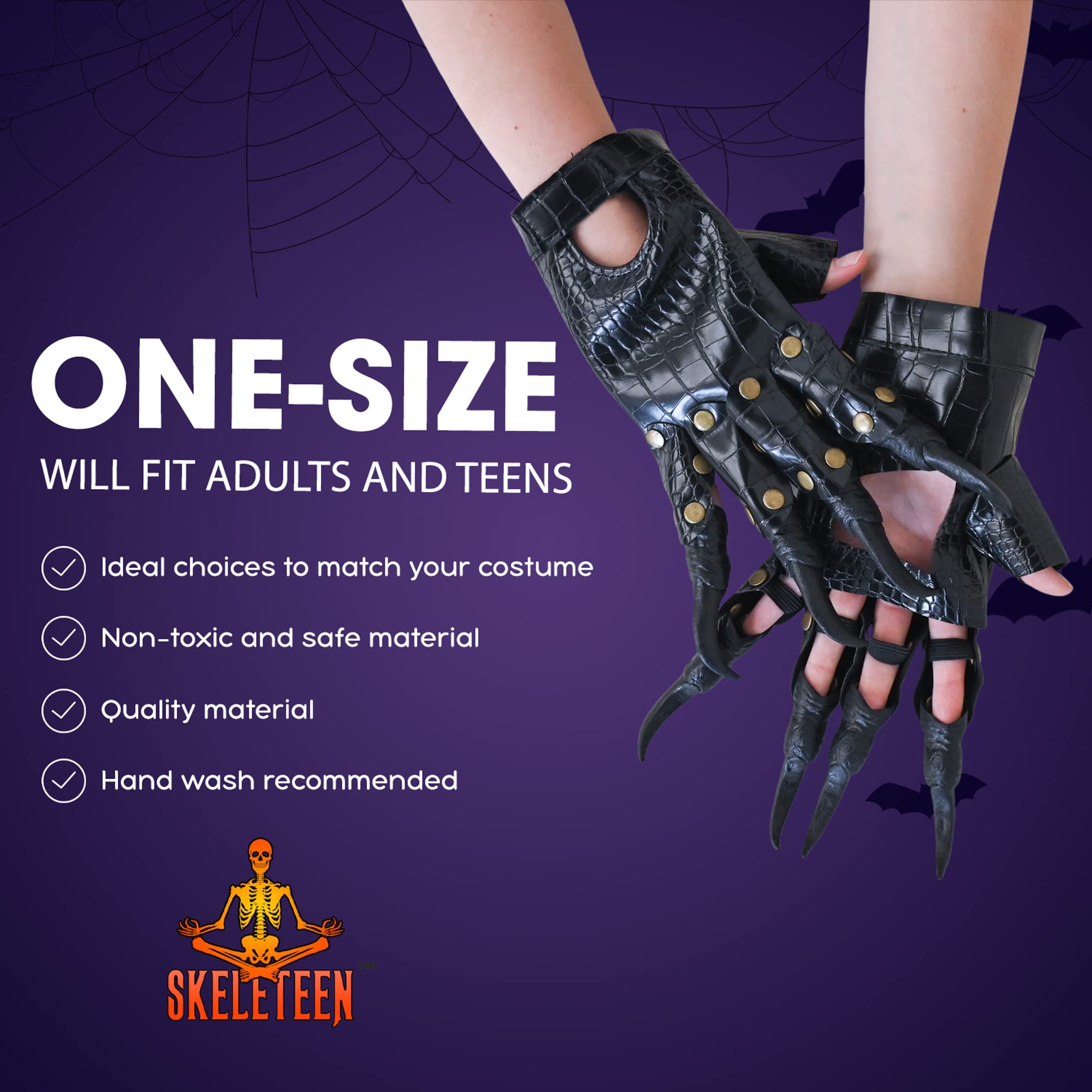 Skeleteen Faux Leather Claw Gloves - Black Lizard Skin Scary Costume Leather Hand Glove Animal Claws for Women and Kids