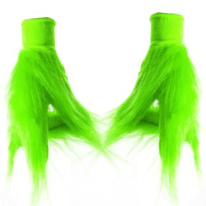 Hikkcos Green Gloves Green Furry Hand Gloves Green Monster Costume for Adult Halloween Christmas Cosplay Party Supplies