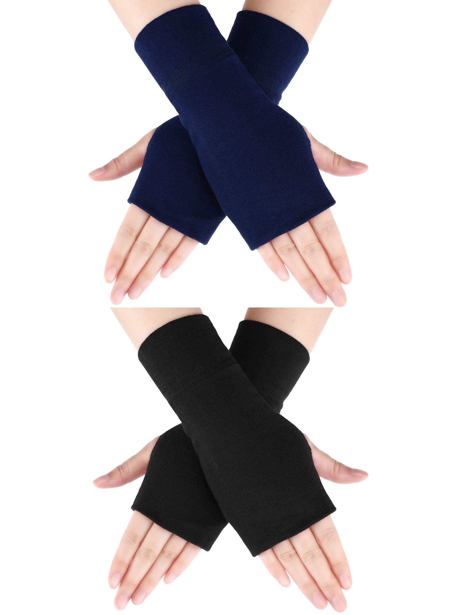 2 Pairs Fingerless Gloves Women Man Stretchy Knitted Gloves Thumb Hole Mittens Wrist Length Arm Warmers (Black, Navy)