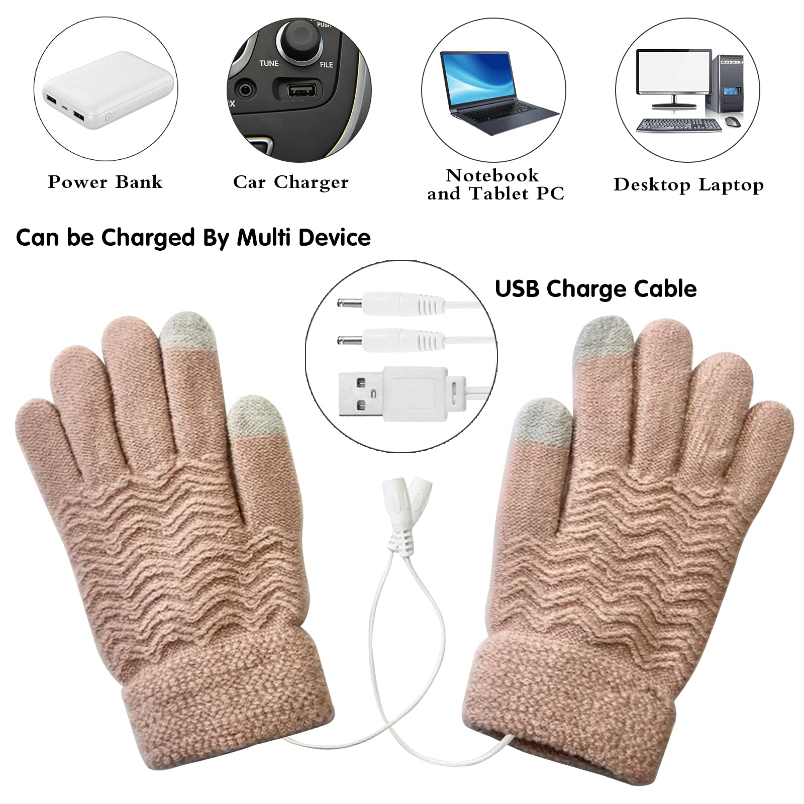 Women & Men USB Heated Gloves Touchscreen Winter Warm Full Finger Gloves Unisex Anti Slip Knitting Hand Gloves for Working Typing Game Sports (women-Light orange)