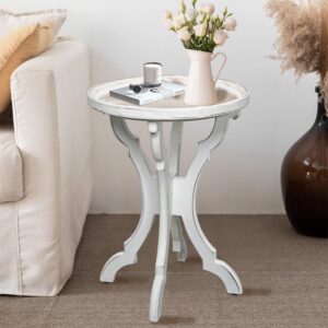 HCODCIBA Round Side Table with Carved Tray Top,Farmhouse Small End Table with Curved Legs,Retro Bedside Table Rustic Accent Table for Living Room,Bedroom