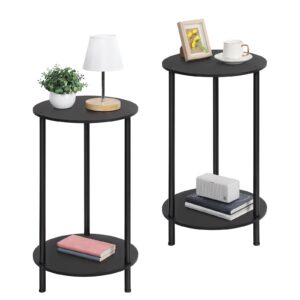 sehertiwy small round side table, 2 tiers farmhouse end tables, set of 2 accent tables for small spaces, night stands for bedrooms living room, coffee tables with storage shelf, black