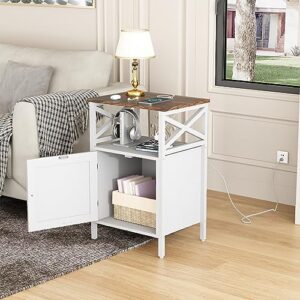 LDTTCUK Side Table with Charging Station, End Table with Power Outlet & USB Ports, Nightstand with 2 Tiers Storage Space and Storage Cabinet, Sofa Side Tables for Bedroom, Living Room,Office,White