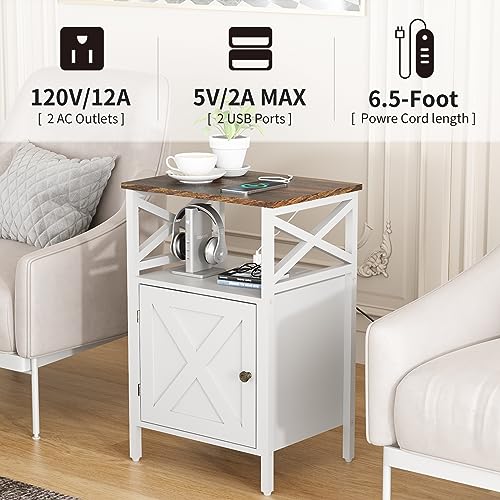 LDTTCUK Side Table with Charging Station, End Table with Power Outlet & USB Ports, Nightstand with 2 Tiers Storage Space and Storage Cabinet, Sofa Side Tables for Bedroom, Living Room,Office,White