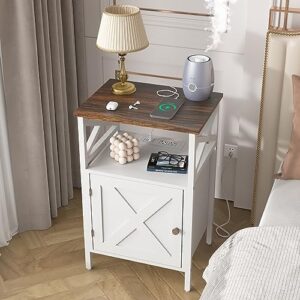 LDTTCUK Side Table with Charging Station, End Table with Power Outlet & USB Ports, Nightstand with 2 Tiers Storage Space and Storage Cabinet, Sofa Side Tables for Bedroom, Living Room,Office,White