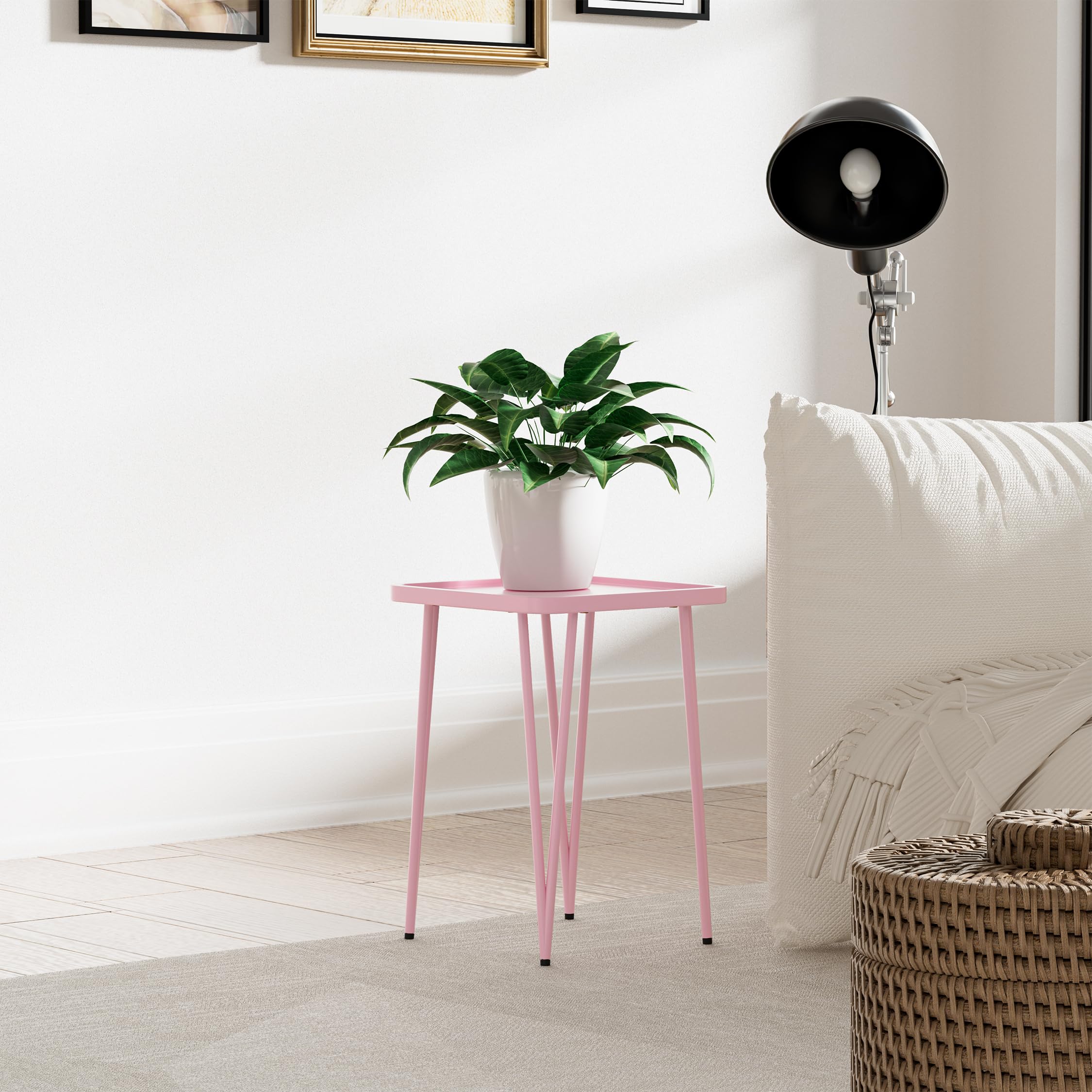 Palama Square Side Table, Small Side Table for Small Spaces, Small Metal End Table, Easy Assembly Pink Bedside Table, Small Table Outoor, Single Plant Stand Indoor