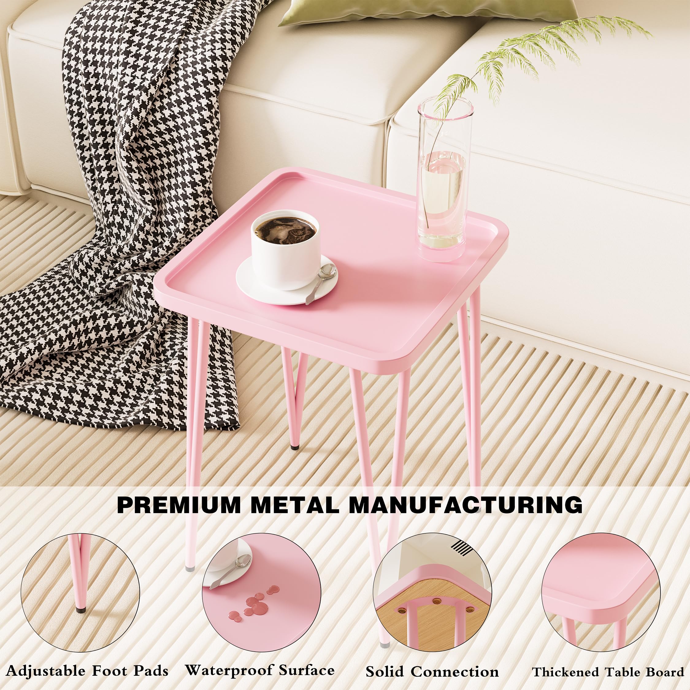 Palama Square Side Table, Small Side Table for Small Spaces, Small Metal End Table, Easy Assembly Pink Bedside Table, Small Table Outoor, Single Plant Stand Indoor