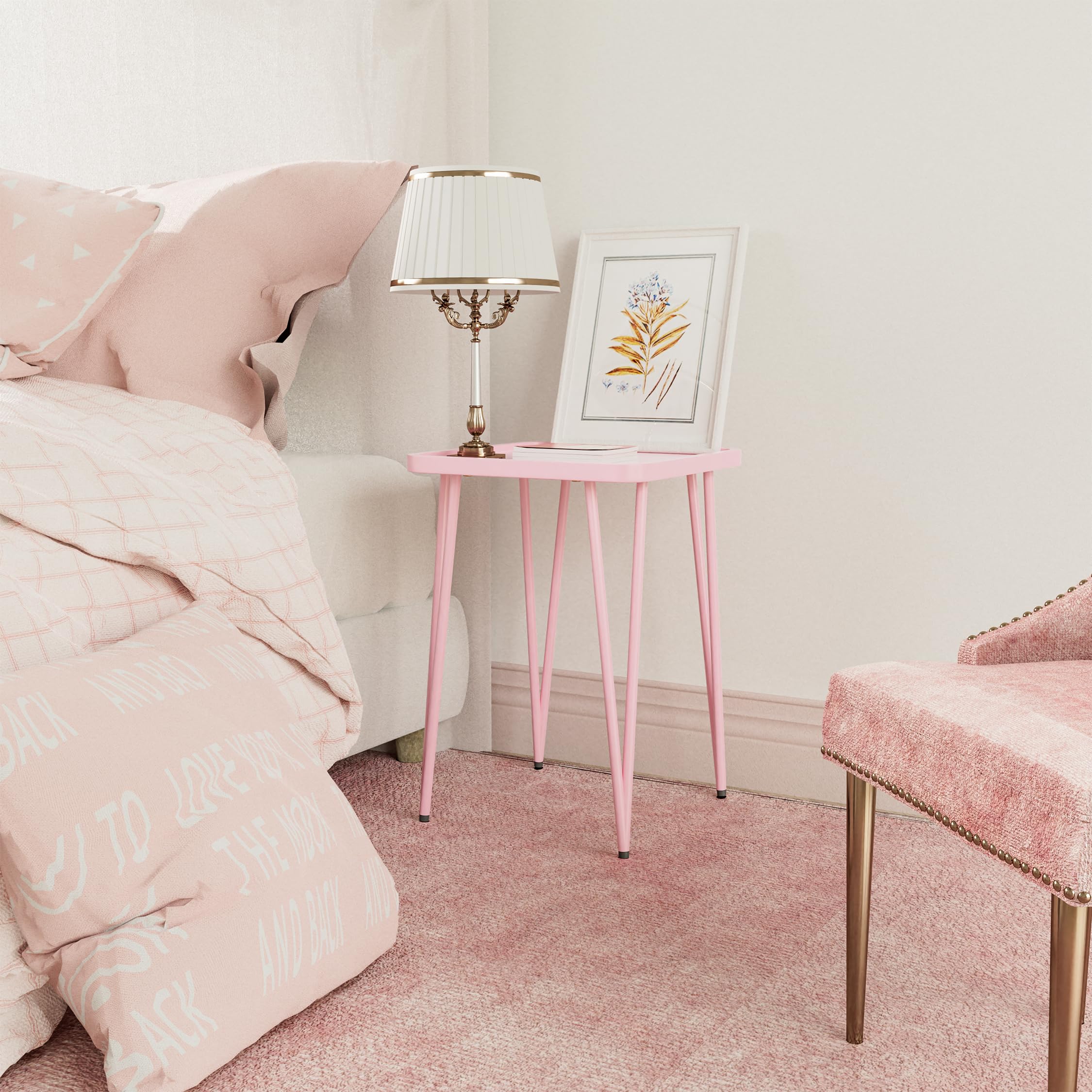 Palama Square Side Table, Small Side Table for Small Spaces, Small Metal End Table, Easy Assembly Pink Bedside Table, Small Table Outoor, Single Plant Stand Indoor