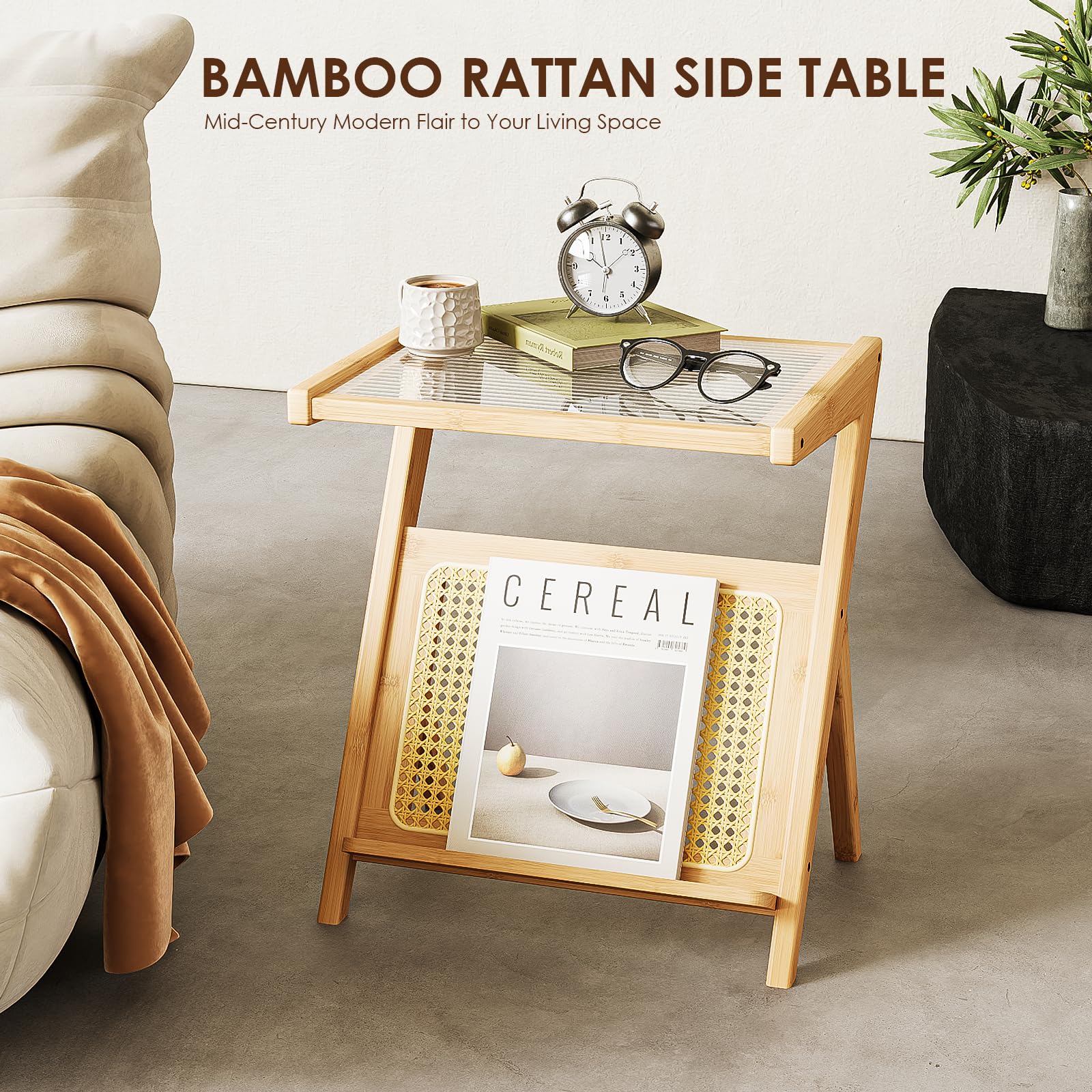 Bamworld Rattan Side Table Boho Night Stand Glass Bedside Small End Tables Bamboo Bedroom Coffee Table with Storage for Living Room and Outdoor Nature