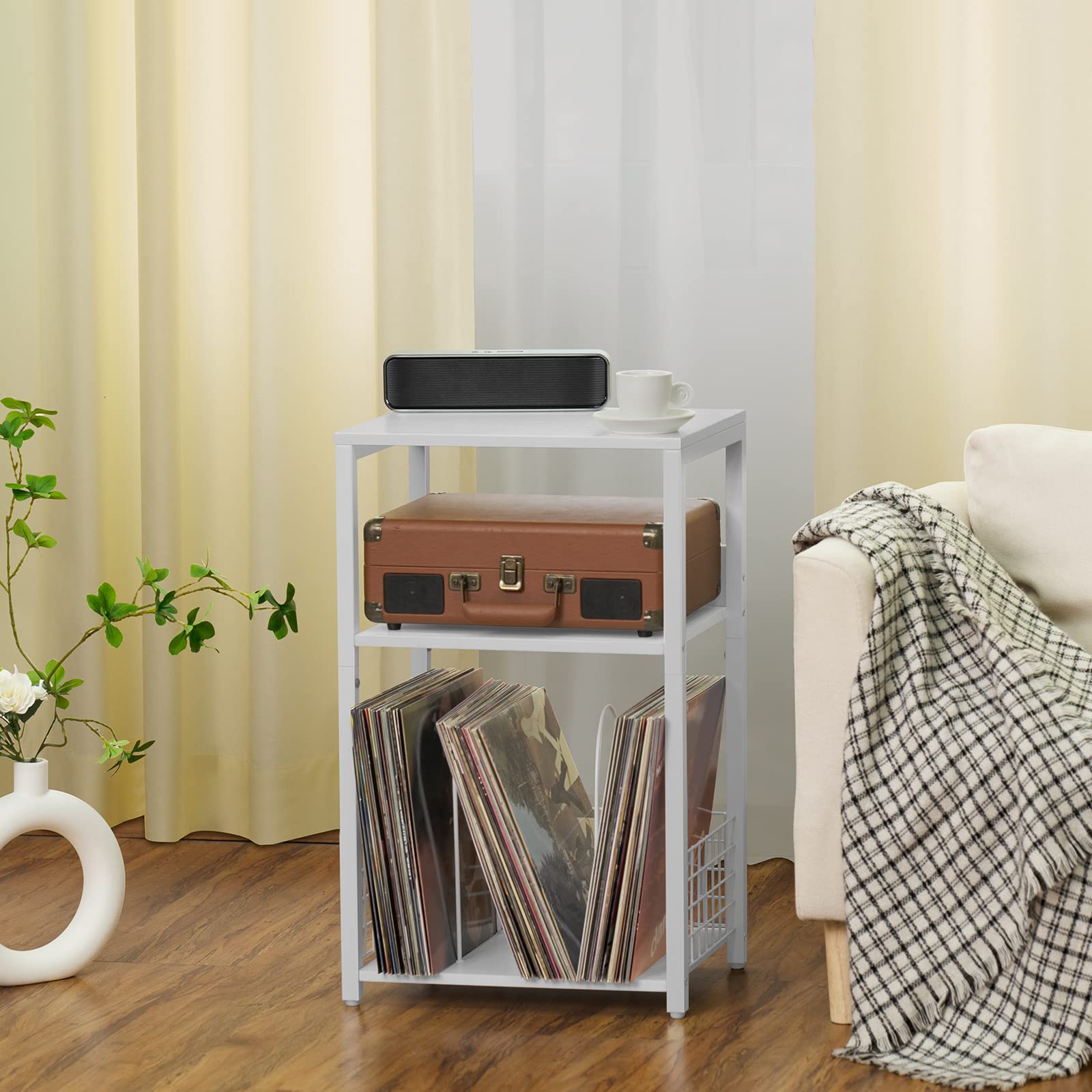 LELELINKY White Side Table,Small End Table with Storage Shelf,3 Tier Industrial Bedside Tables,Vinyl Record Player Stand,Modern Sofa Night Stands for Living Room Bedroom Office Small Spaces