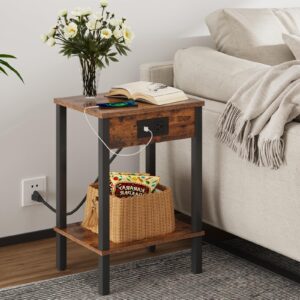 VIMBER Set of 2 End Table with Charging Station, Narrow Side Table with USB Ports and Outlets, Nightstands with 2-Tier Storage Shelves, Sofa Table for Small Space Living Room Bedroom