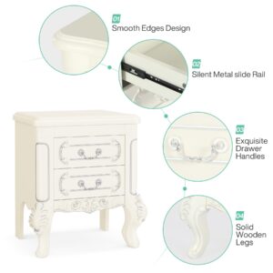 Tribesigns White Nightstand, End Table with 2 Drawers, Carved Bedside Tables, Side Table for Bedroom, Living Room, Classic Bedroom Furniture, Night Stand（1PC