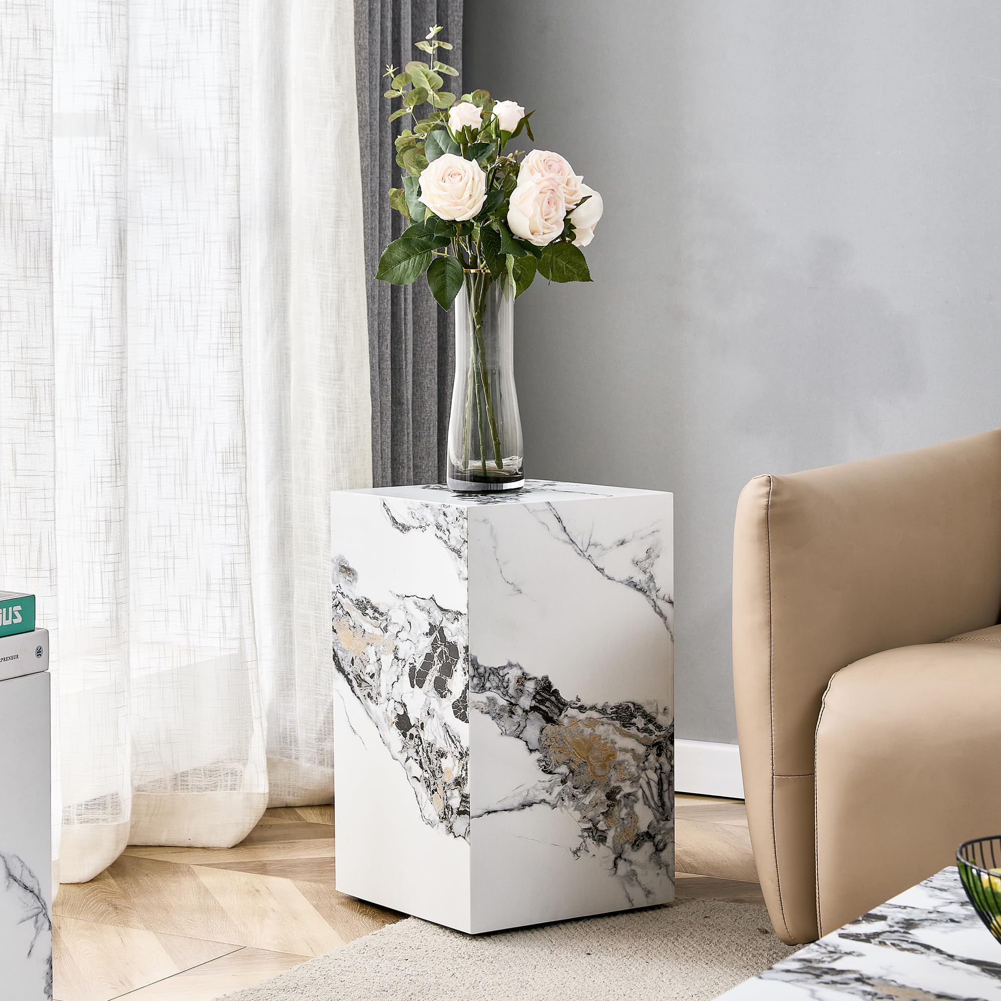 TesNus Modern Nightstand, White Bed Side Tables with Faux Marble Grain, Couch Side Tables with Cube Stylish Accent, End Table for Bedroom,Living Room (White-11.81 inch)