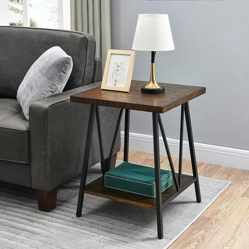 LEEMTORIG Mid Century Modern End Table with Storage, Living Room Accent End Side Table Bedroom Nightstand with 2-Tier Open Shelves, Cherry Walnut 19.7" W x 19.7" D x 24" H CJZ-22203-DW