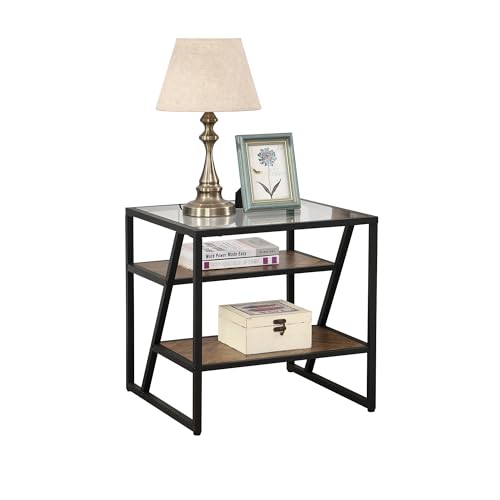 Black Side Table End with Storage Shelf Tempered Glass Coffee Metal Frame for Living Room Modern Contemporary Rectangular MDF Includes Hardware